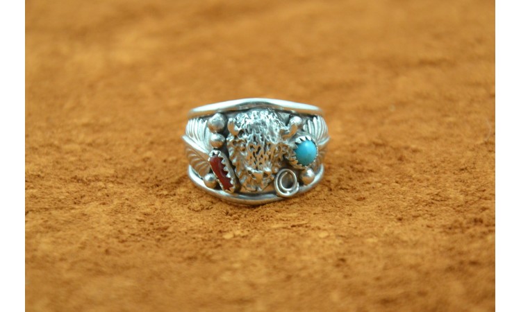 Buffalo turquoise and coral ring size 11.5