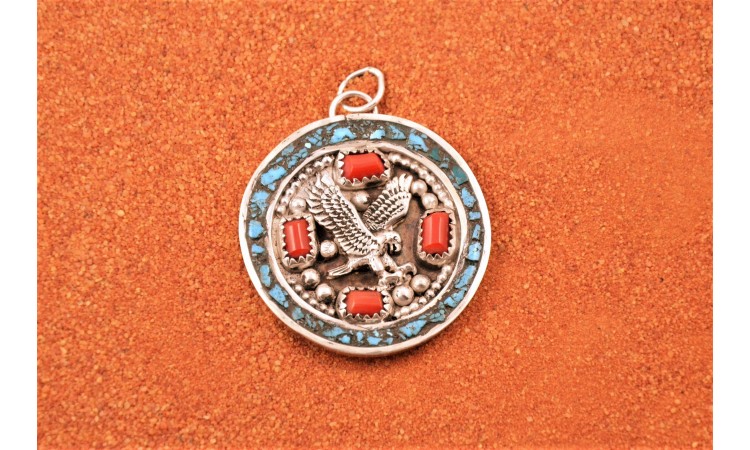 Eagle turquoise and coral pendant