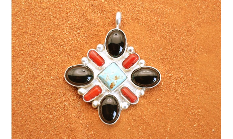 Turquoise onyx and coral pendant