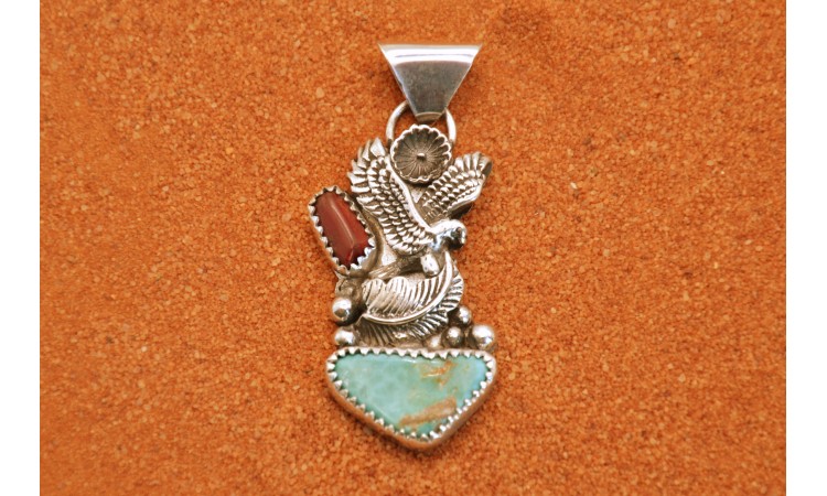 Eagle turquoise and coral pendant