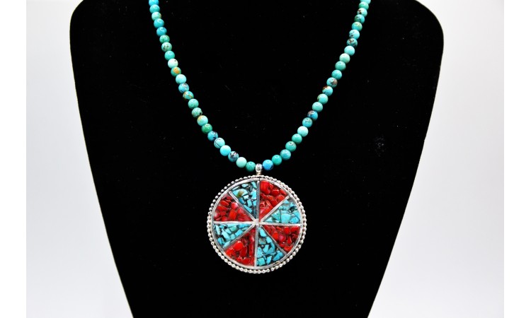 Sun necklace turquoise and coral