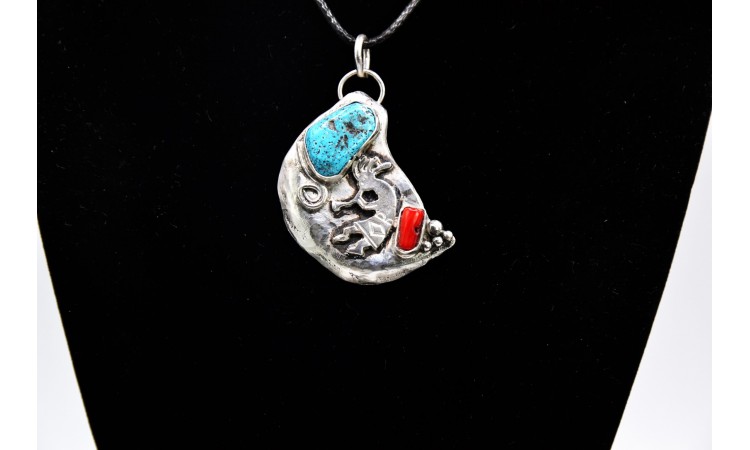 Kokopelli turquoise and coral Pendant