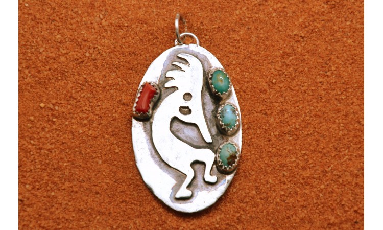 Kokopelli turquoise and coral Pendant