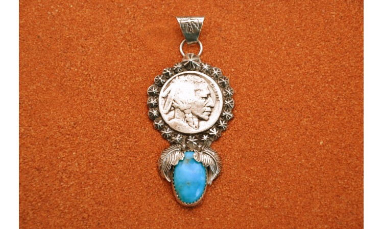 Pendentif tête d'indien et turquoise
